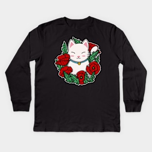 Cute Cat In The Poppy Garden Kids Long Sleeve T-Shirt